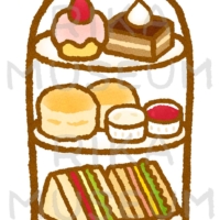 ケーキとスコーンとサンドウィッチのアフタヌーンティーセットのイラスト