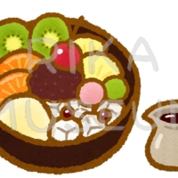 Agar-agar cubes with sweet red bean paste, fruits and brown sugar syrup あんみつのイラスト