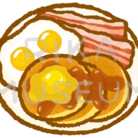 美味しそうなベーコンエッグとパンケーキのイラスト