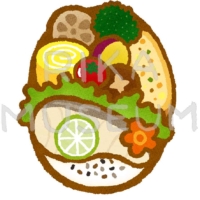 Japanese packed lunch(fish, croquette) お魚とコロッケのお弁当のイラスト