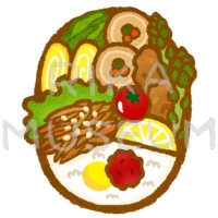 Japanese packed lunch(fried chicken, kimpira gobou) 唐揚げときんぴらごぼうと玉子焼きのお弁当のイラスト