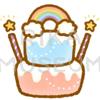 雲と虹の飾りがのった可愛いケーキのイラスト