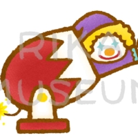 Clown putting his head out of the circus gun and smiling at the audience サーカスの大砲から観客に手を振るピエロのイラスト