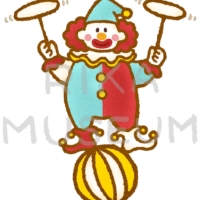 Funny clown spinning plates while balancing 玉に乗り皿回しをするピエロのイラスト