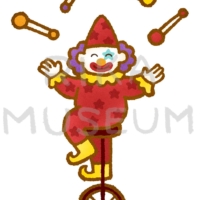 Funny clown juggling batons while riding 一輪車に乗りジャグリングをするピエロのイラスト