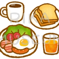 コーヒーとトースト、ベーコンエッグの朝食のイラスト
