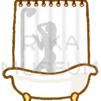 Silhouette of a woman on the curtain. 人影のあるバスルームのイラスト