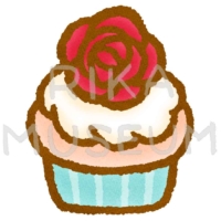 バラの花の飾りが乗った可愛いカップケーキのイラスト