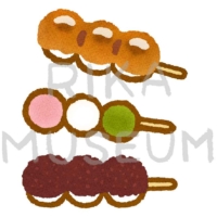 Rice dumplings(from top: in sweet soy sauce, three colored, sweet red bean paste) みたらし団子、三色団子、餡団子のイラスト