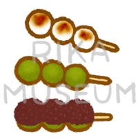 Rice dumplings(from top: grilled, mugwort, mugwort with sweet red bean paste) 焼き団子、よもぎ団子、よもぎ餡団子のイラスト