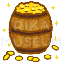 樽いっぱいに入った金貨のイラスト