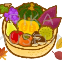 大きな籠に入った秋の味覚のイラスト