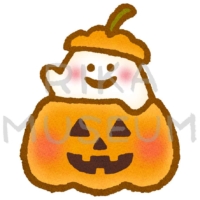 かぼちゃの中から顔を出す可愛いおばけのイラスト