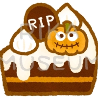 お墓とかぼちゃの飾りが乗ったハロウィンのケーキのイラスト