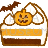 コウモリの飾りとかぼちゃのクッキーが乗ったハロウィンのケーキのイラスト