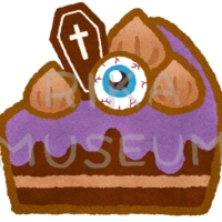 目玉と棺桶の飾りが乗ったハロウィンのケーキのイラスト