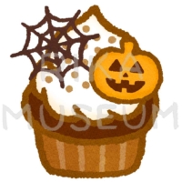 蜘蛛の巣とかぼちゃの飾りが乗ったハロウィンのカップケーキのイラスト
