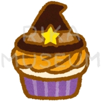 魔女の帽子の飾りが乗ったハロウィンのカップケーキのイラスト