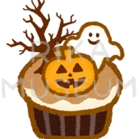 おばけと木の飾りが乗ったハロウィンのカップケーキのイラスト