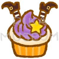 魔女の足の飾りが乗ったハロウィンのカップケーキのイラスト