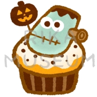 フランケンシュタインの怪物の飾りが乗ったハロウィンのカップケーキのイラスト
