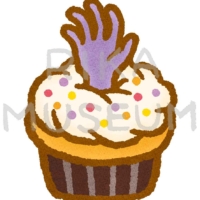 ゾンビの手の飾りが乗ったハロウィンのカップケーキのイラスト