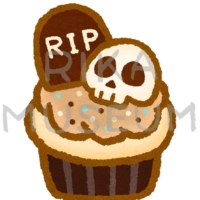 頭蓋骨とお墓の飾りが乗ったハロウィンのカップケーキのイラスト