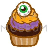 目玉の飾りが乗ったハロウィンのカップケーキのイラスト