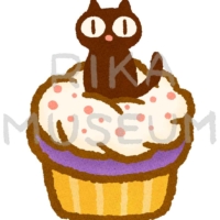 黒猫の飾りが乗ったハロウィンのカップケーキのイラスト