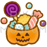 かぼちゃの形の容器に入ったハロウィンのお菓子のイラスト