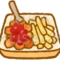 Currywurst ドイツの屋台の名物であるカリーヴルストとフレンチフライのイラスト