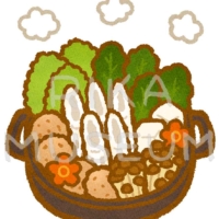 Japanese hot pot with pounded rice sticks, chicken and vegetables きりたんぽ鍋のイラスト