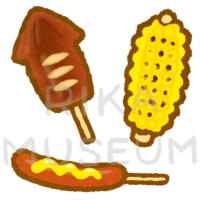 Grilled squid, frankfurt, grilled corn on the cob 夏祭りのイカ焼き、焼きトウモロコシ、フランクフルトのイラスト