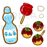 Ramune soda, candied apple and takoyaki 夏祭りのラムネ、りんご飴、たこ焼きのイラスト