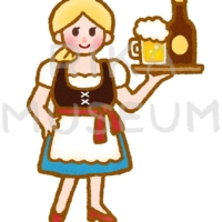 オクトーバーフェストで陽気にビールを運ぶ女性のイラスト