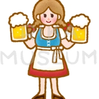 オクトーバーフェストで陽気にビールを運ぶ女性のイラスト