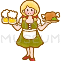 オクトーバーフェストで陽気にビールと料理を運ぶ女性のイラスト