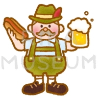 オクトーバーフェストでビールを飲みホットドッグを食べる男性のイラスト