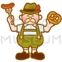 オクトーバーフェストでソーセージとブレッツェルを食べる男性のイラスト