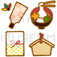 Hanetsuki, zoni, mizuhiki, and ema board 羽根つき、お雑煮、水引袋、絵馬のイラスト