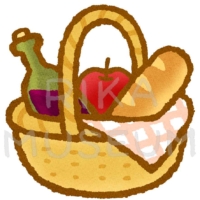 ワインとリンゴとパンの入ったバスケットのイラスト