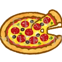 サラミとブラックオリーブがのった美味しそうなピザのイラスト