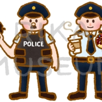 銃とドーナツを持った警察官のイラスト