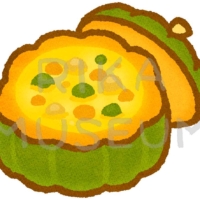 かぼちゃをくり抜いた美味しそうなパンプキンシチューのイラスト