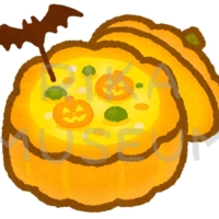 かぼちゃをくり抜いた美味しそうなパンプキンシチューのイラスト