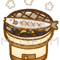 Grilled pacific saury on a stove with charcoal 七輪で焼いた秋刀魚のイラスト