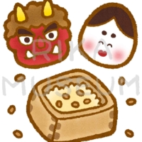節分の鬼、おかめ、豆のイラスト