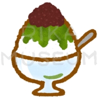 Shaved ice topped with matcha powder and sweet red bean paste 餡子が乗った抹茶のかき氷のイラスト