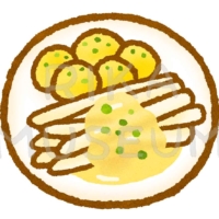 オランデーズソースがかかった美味しそうなホワイトアスパラのイラスト