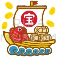 Treasure ship 鯛、小判、米俵を積んだ宝船のイラスト